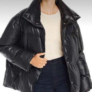Bagatelle NYC small black oversized faux leather bomber puffer button jacket